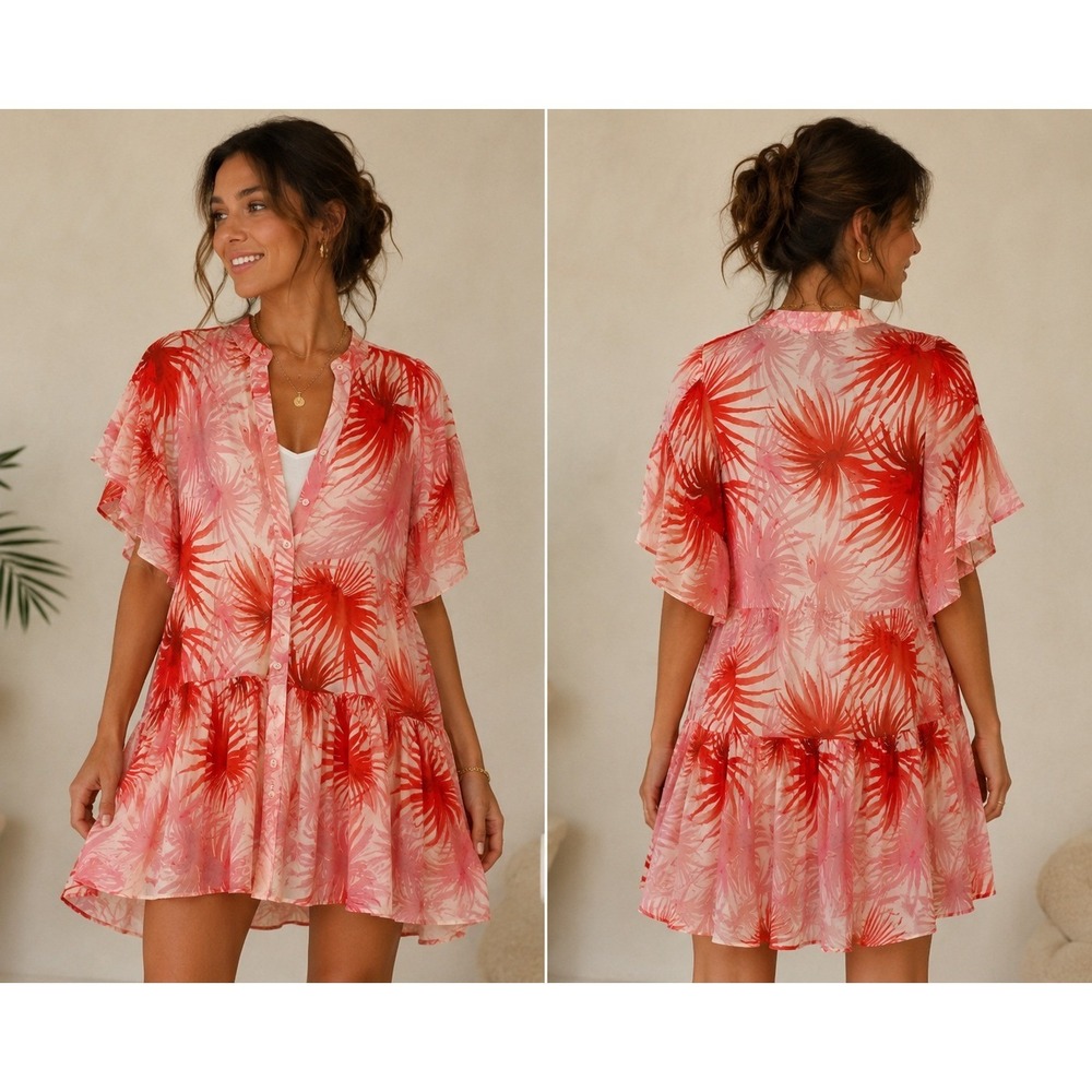 Essentiel Antwerp Pink Red Tropical Silk Blend Tiered Mini Dress Size M BACKPACK
